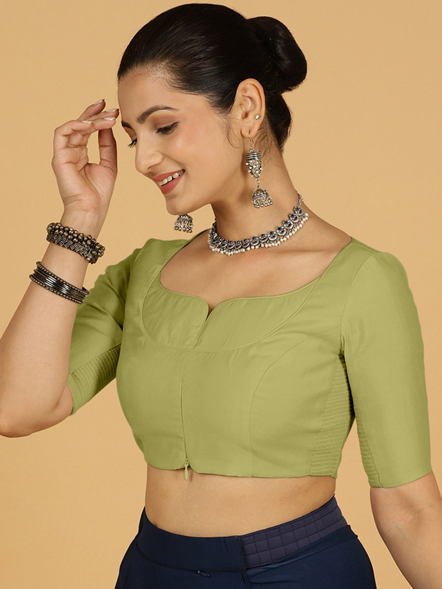Priya x Rozaana Saree Blouse, in Green Viscose, featuring elbow sleeves and stylised neckline, made for daily & work (view 6).