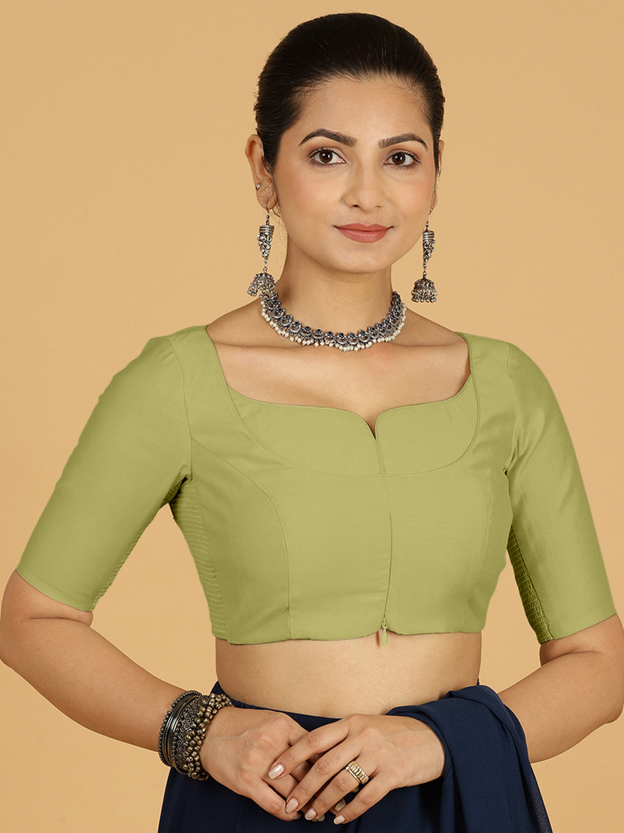 Priya x Rozaana Saree Blouse, in Green Viscose, featuring elbow sleeves and stylised neckline, made for daily & work (view 8).