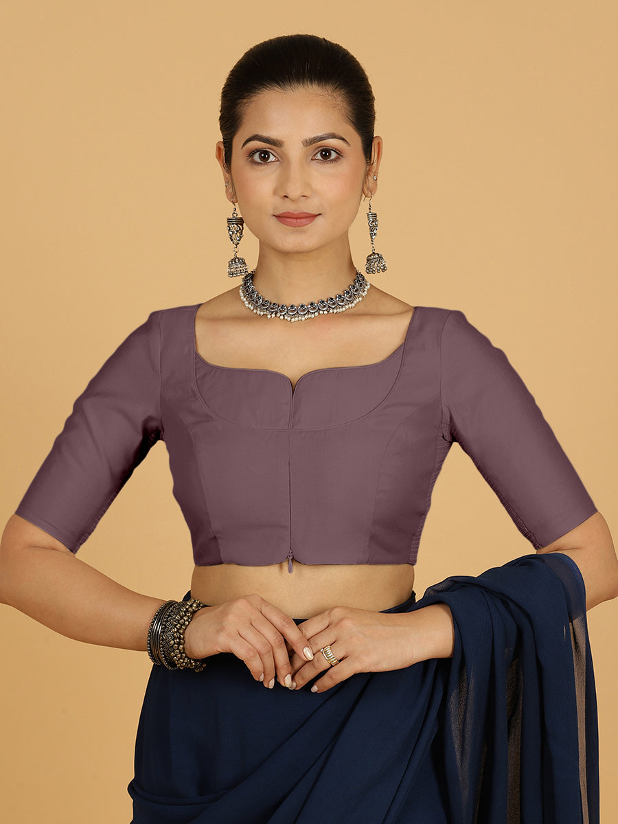 Priya x Rozaana Saree Blouse, in Purple Viscose, featuring elbow sleeves and stylised neckline, made for daily & work (view 6).