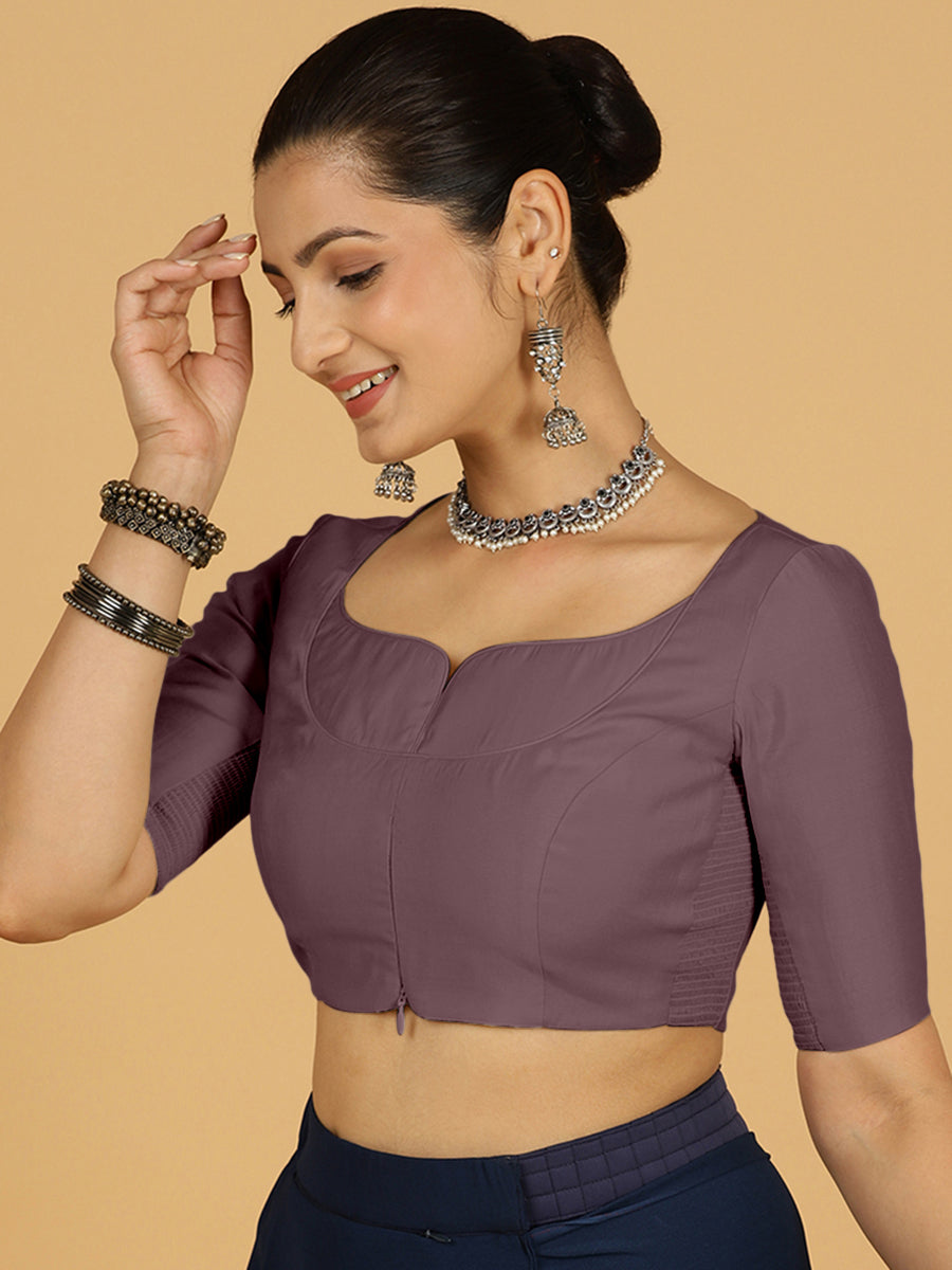 Priya x Rozaana Saree Blouse, in Purple Viscose, featuring elbow sleeves and stylised neckline, made for daily & work (view 7).