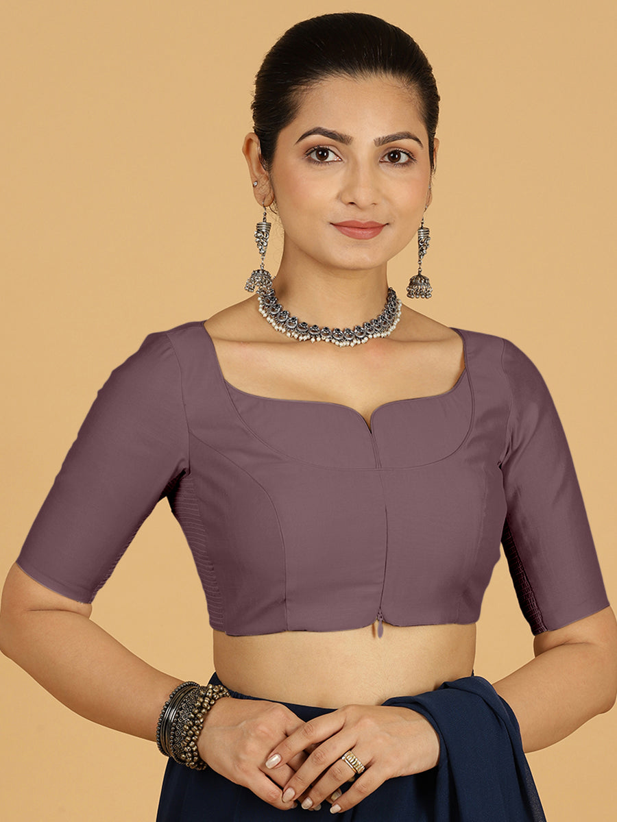 Priya x Rozaana Saree Blouse, in Purple Viscose, featuring elbow sleeves and stylised neckline, made for daily & work (view 8).