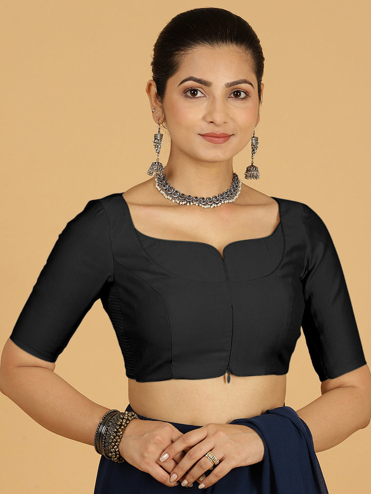 Priya x Rozaana Saree Blouse, in Black Viscose, featuring elbow sleeves and stylised neckline, made for daily & work.