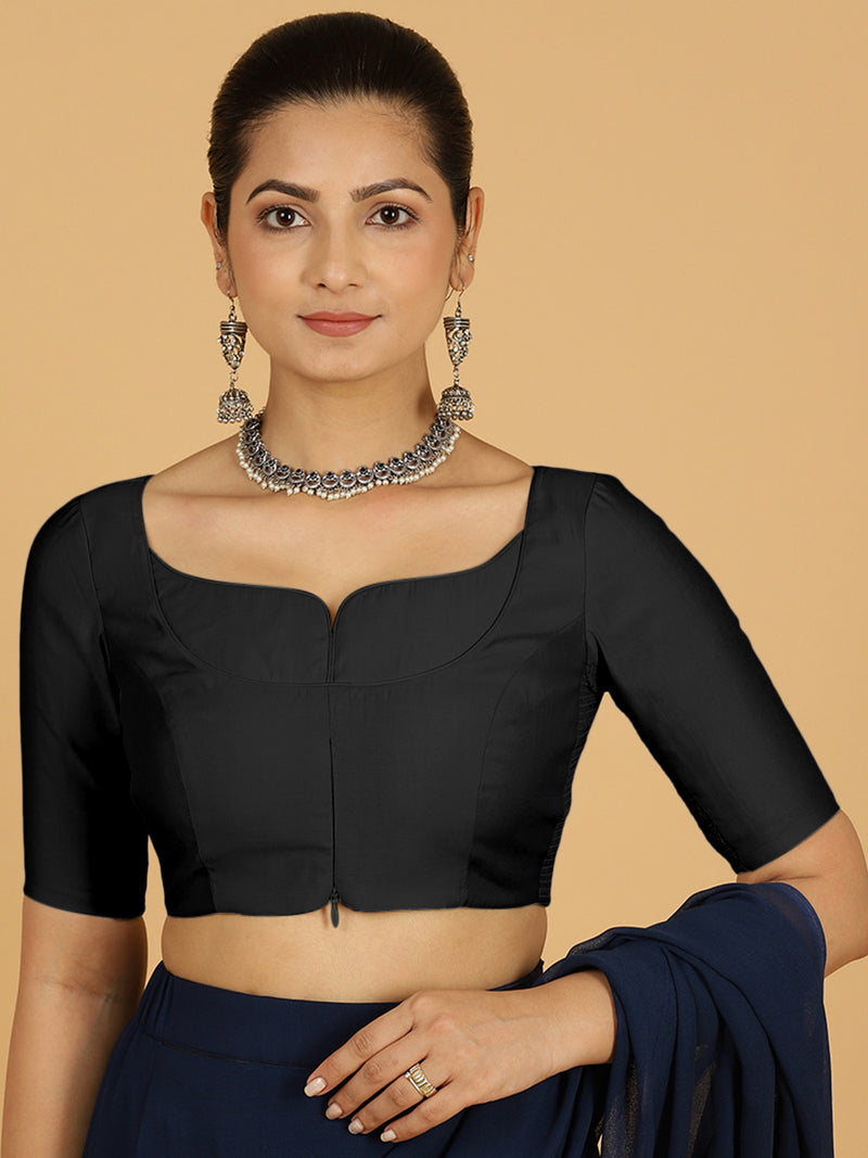 Priya x Rozaana | Elbow Sleeves Saree Blouse in Raven Black-Binks