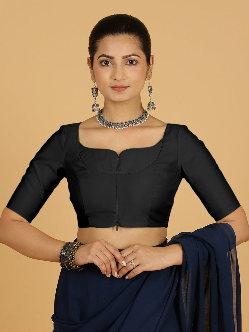 Priya x Rozaana | Elbow Sleeves Saree Blouse in Raven Black-Binks
