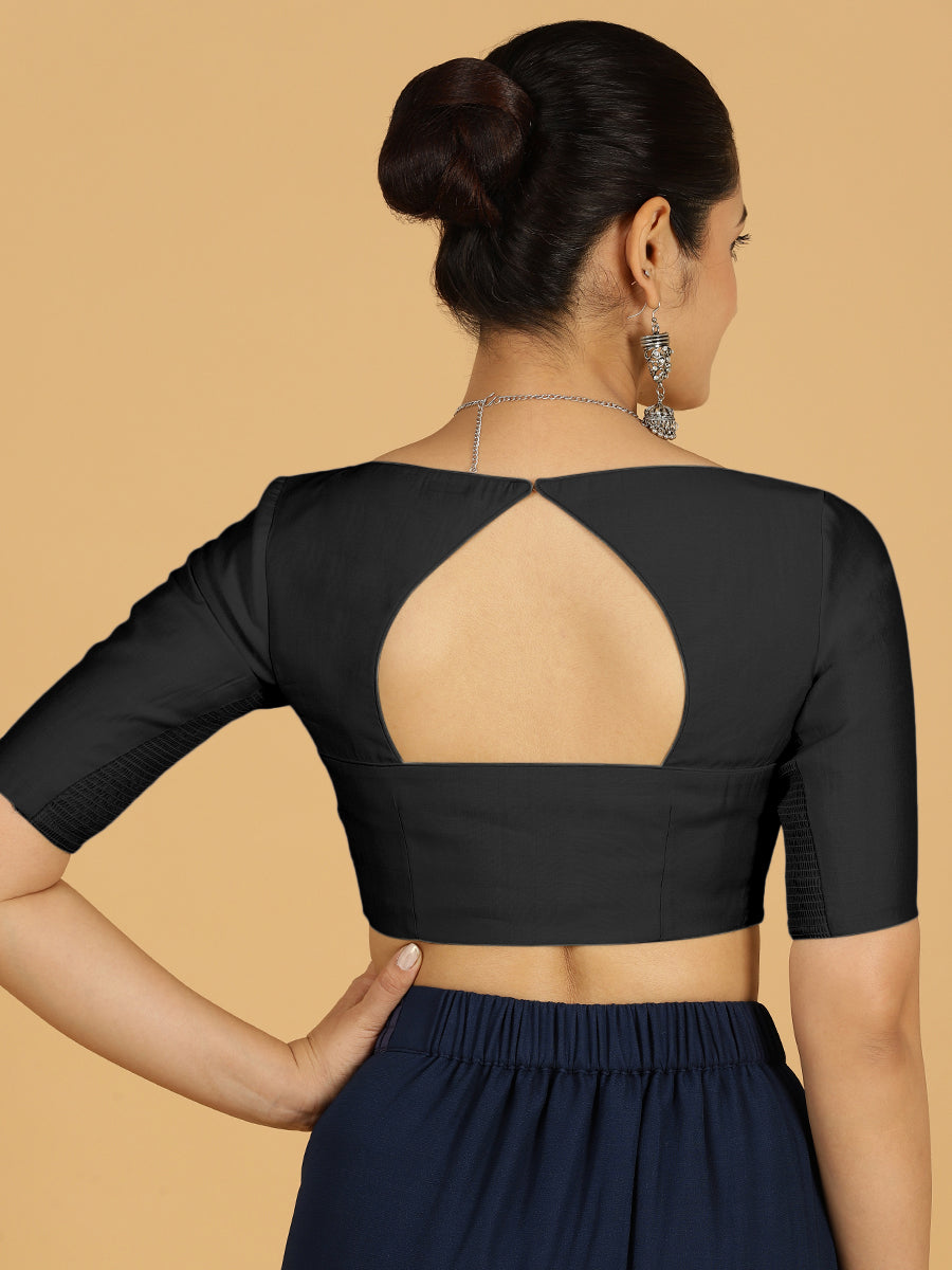 Priya x Rozaana Saree Blouse, in Black Viscose, featuring elbow sleeves and stylised neckline, made for daily & work (view 2).