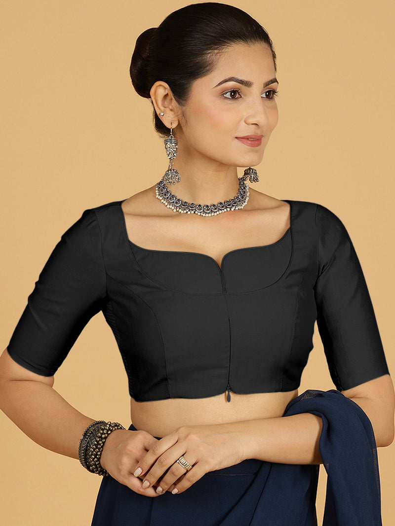 Priya x Rozaana | Elbow Sleeves Saree Blouse in Raven Black-Binks