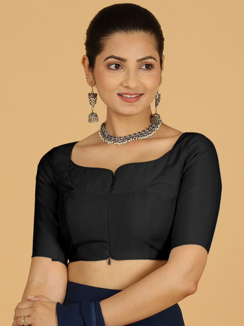 Priya x Rozaana | Elbow Sleeves Saree Blouse in Raven Black-Binks