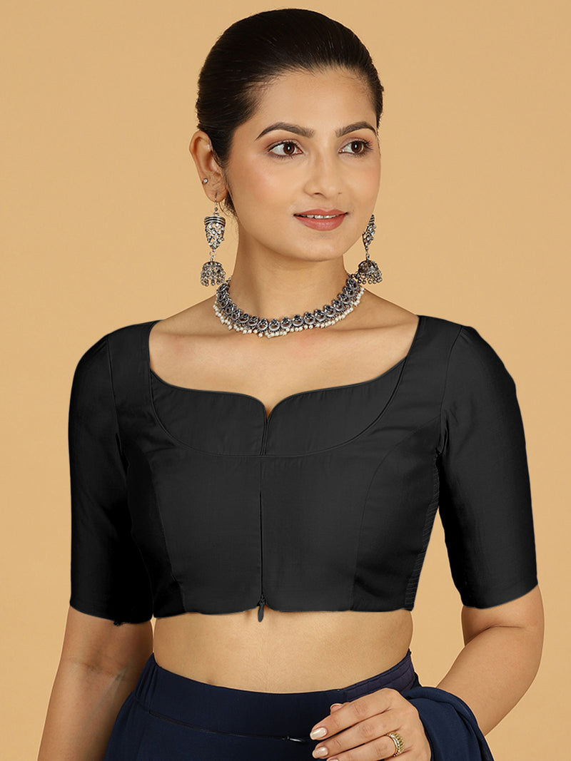 Priya x Rozaana | Elbow Sleeves Saree Blouse in Raven Black-Binks