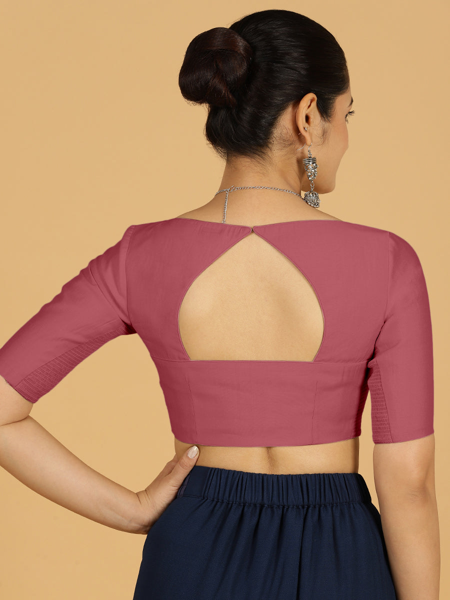 Priya x Rozaana Saree Blouse, in Pink Viscose, featuring elbow sleeves and stylised neckline, made for daily & work (view 2).