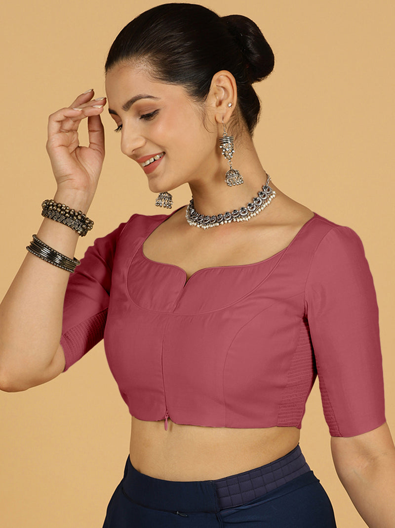 Priya x Rozaana | Elbow Sleeves Saree Blouse in Rose Pink-Binks