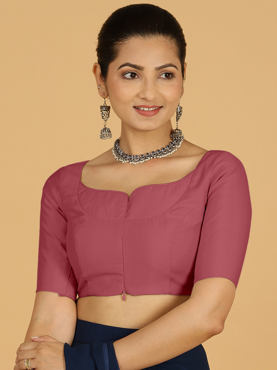 Priya x Rozaana Saree Blouse, in Pink Viscose, featuring elbow sleeves and stylised neckline, made for daily & work (view 8).
