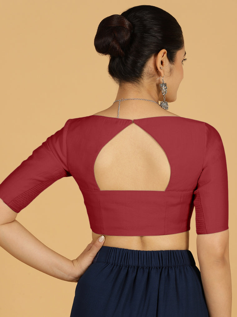 Priya x Rozaana Saree Blouse, in Red Viscose, featuring elbow sleeves and stylised neckline, made for daily & work (view 2).