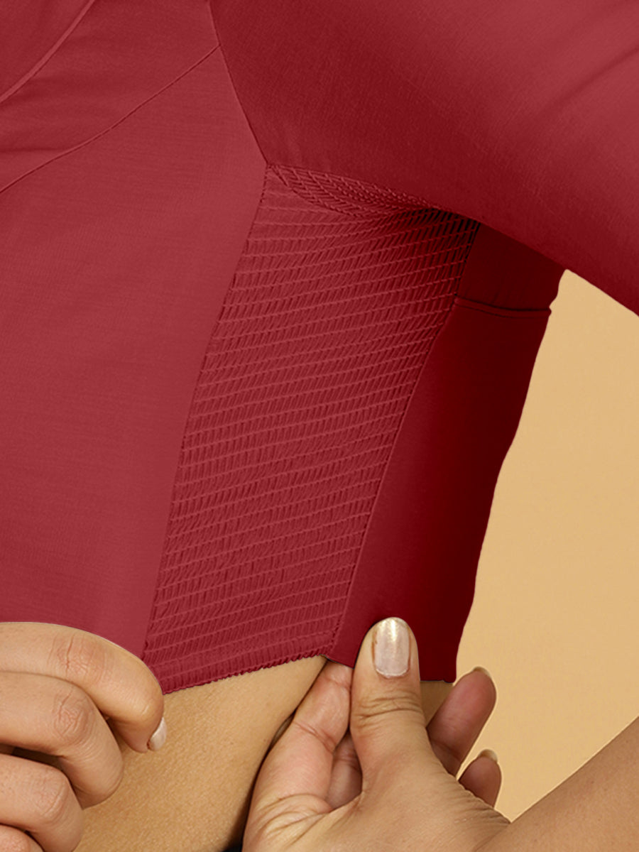 Priya x Rozaana Saree Blouse, in Red Viscose, featuring elbow sleeves and stylised neckline, made for daily & work (view 3).