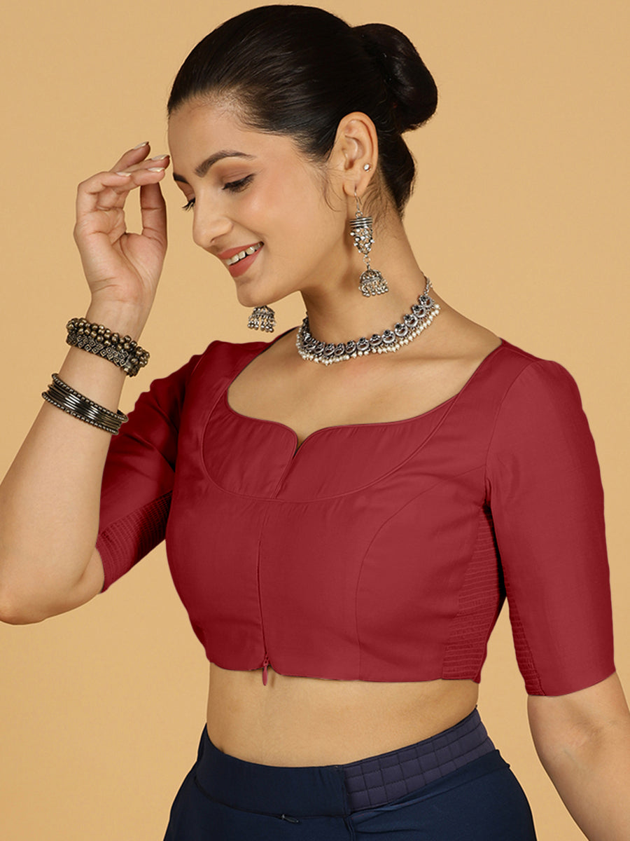 Priya x Rozaana Saree Blouse, in Red Viscose, featuring elbow sleeves and stylised neckline, made for daily & work (view 6).