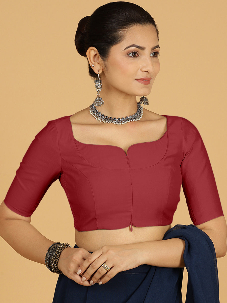 Priya x Rozaana Saree Blouse, in Red Viscose, featuring elbow sleeves and stylised neckline, made for daily & work (view 7).