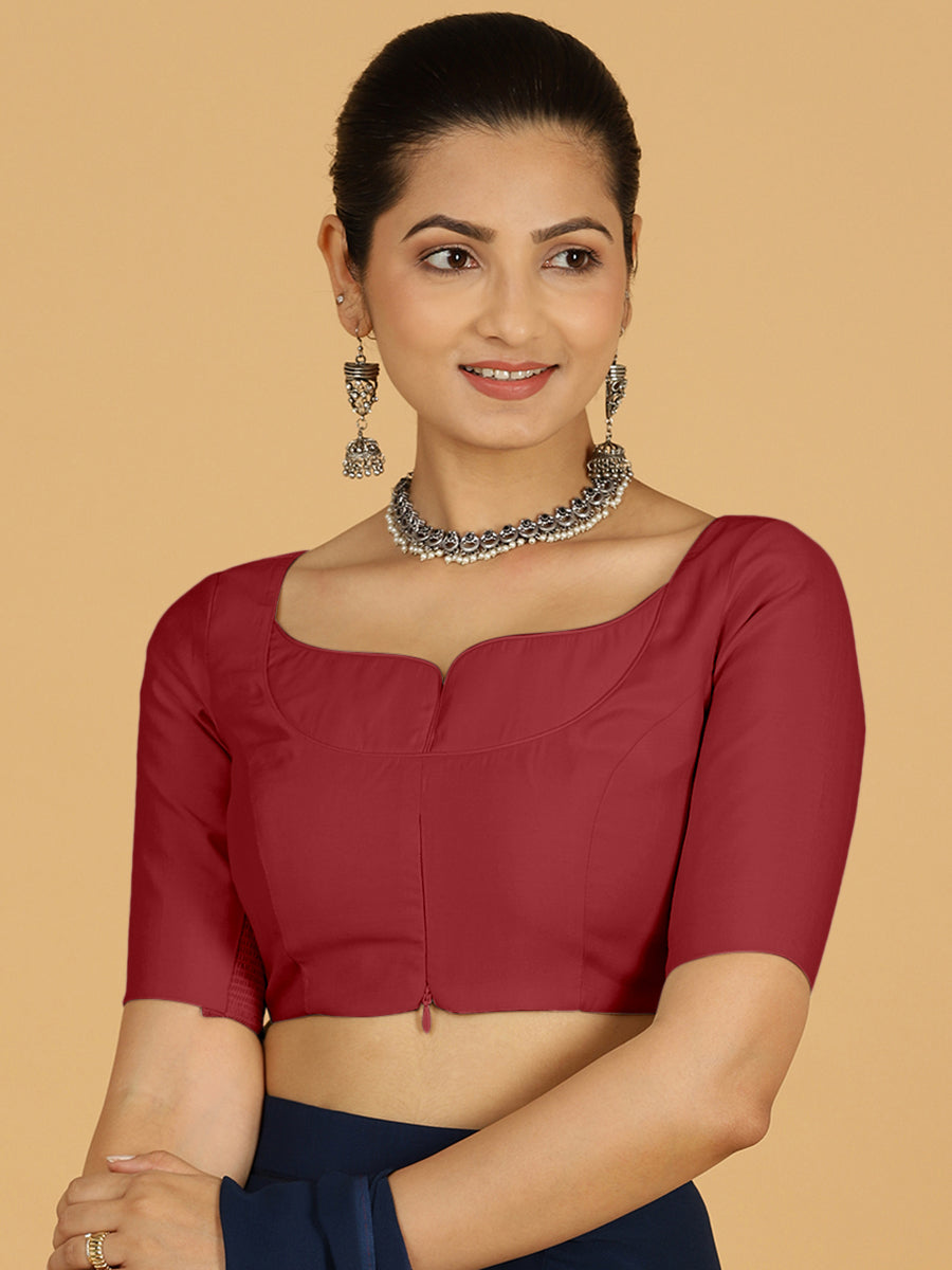 Priya x Rozaana Saree Blouse, in Red Viscose, featuring elbow sleeves and stylised neckline, made for daily & work (view 8).