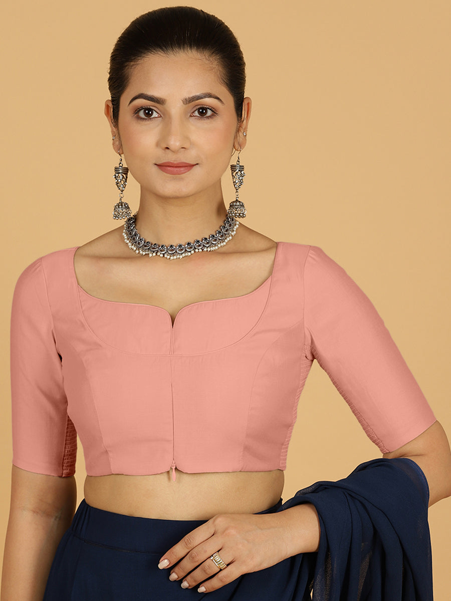 Priya x Rozaana Saree Blouse, in Pink Viscose, featuring elbow sleeves and stylised neckline, made for daily & work.