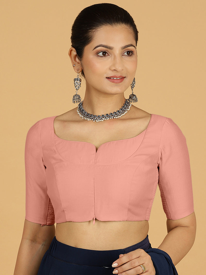 Priya x Rozaana | Elbow Sleeves Saree Blouse in Sea Pink-Binks