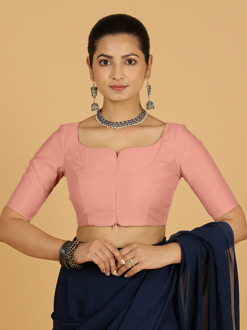 Priya x Rozaana | Elbow Sleeves Saree Blouse in Sea Pink-Binks