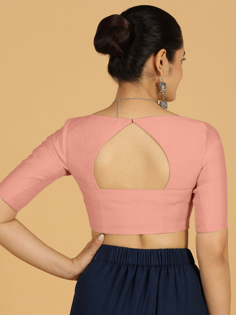 Priya x Rozaana Saree Blouse, in Pink Viscose, featuring elbow sleeves and stylised neckline, made for daily & work (view 2).