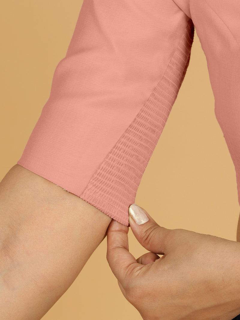 Priya x Rozaana | Elbow Sleeves Saree Blouse in Sea Pink-Binks