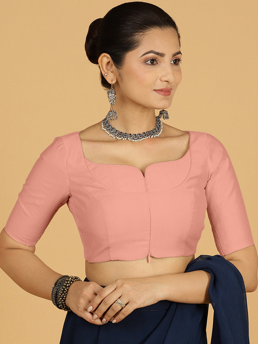 Priya x Rozaana Saree Blouse, in Pink Viscose, featuring elbow sleeves and stylised neckline, made for daily & work (view 7).