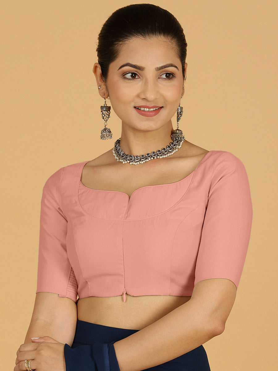 Priya x Rozaana Saree Blouse, in Pink Viscose, featuring elbow sleeves and stylised neckline, made for daily & work (view 8).