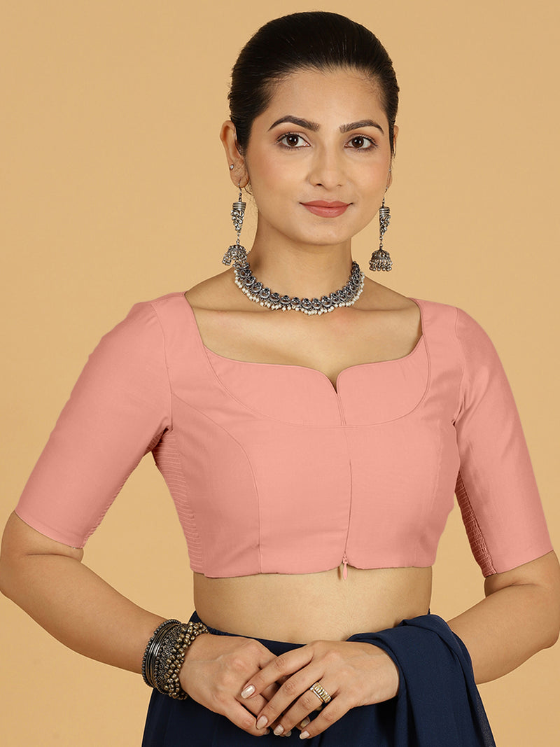 Priya x Rozaana | Elbow Sleeves Saree Blouse in Sea Pink-Binks