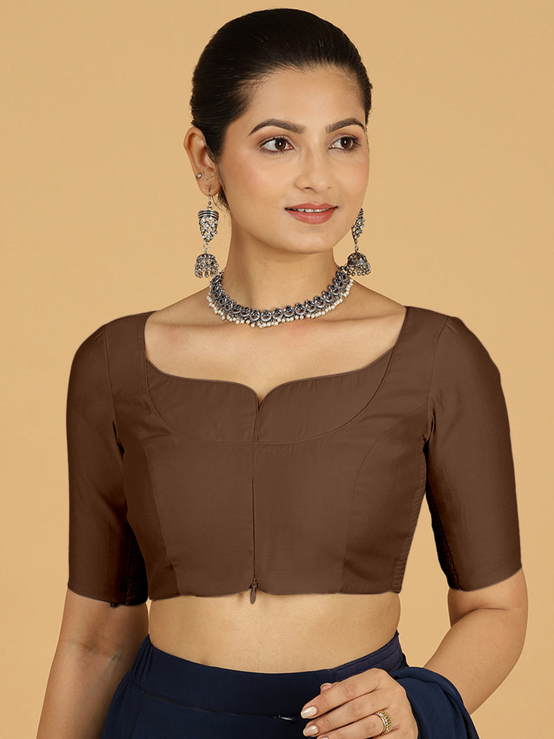 Priya x Rozaana | Elbow Sleeves Saree Blouse in Walnut Brown-Binks