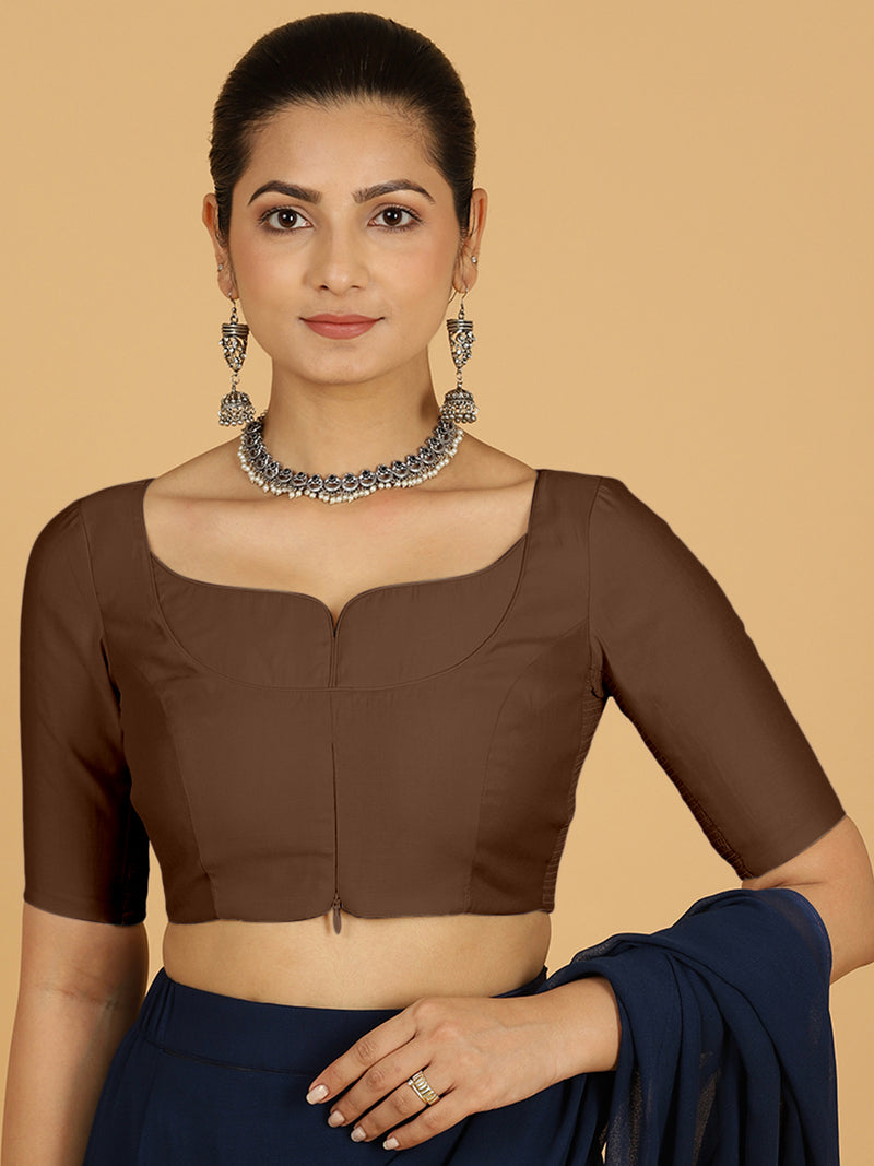Priya x Rozaana | Elbow Sleeves Saree Blouse in Walnut Brown-Binks