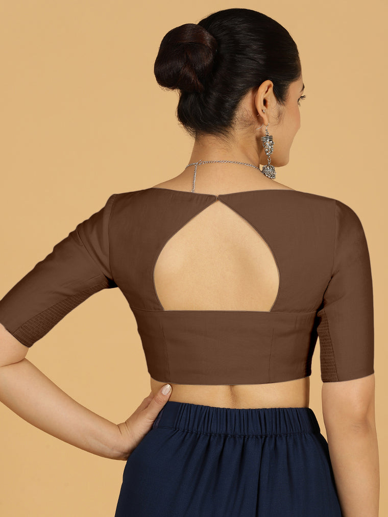 Priya x Rozaana Saree Blouse, in Brown Viscose, featuring elbow sleeves and stylised neckline, made for daily & work (view 2).