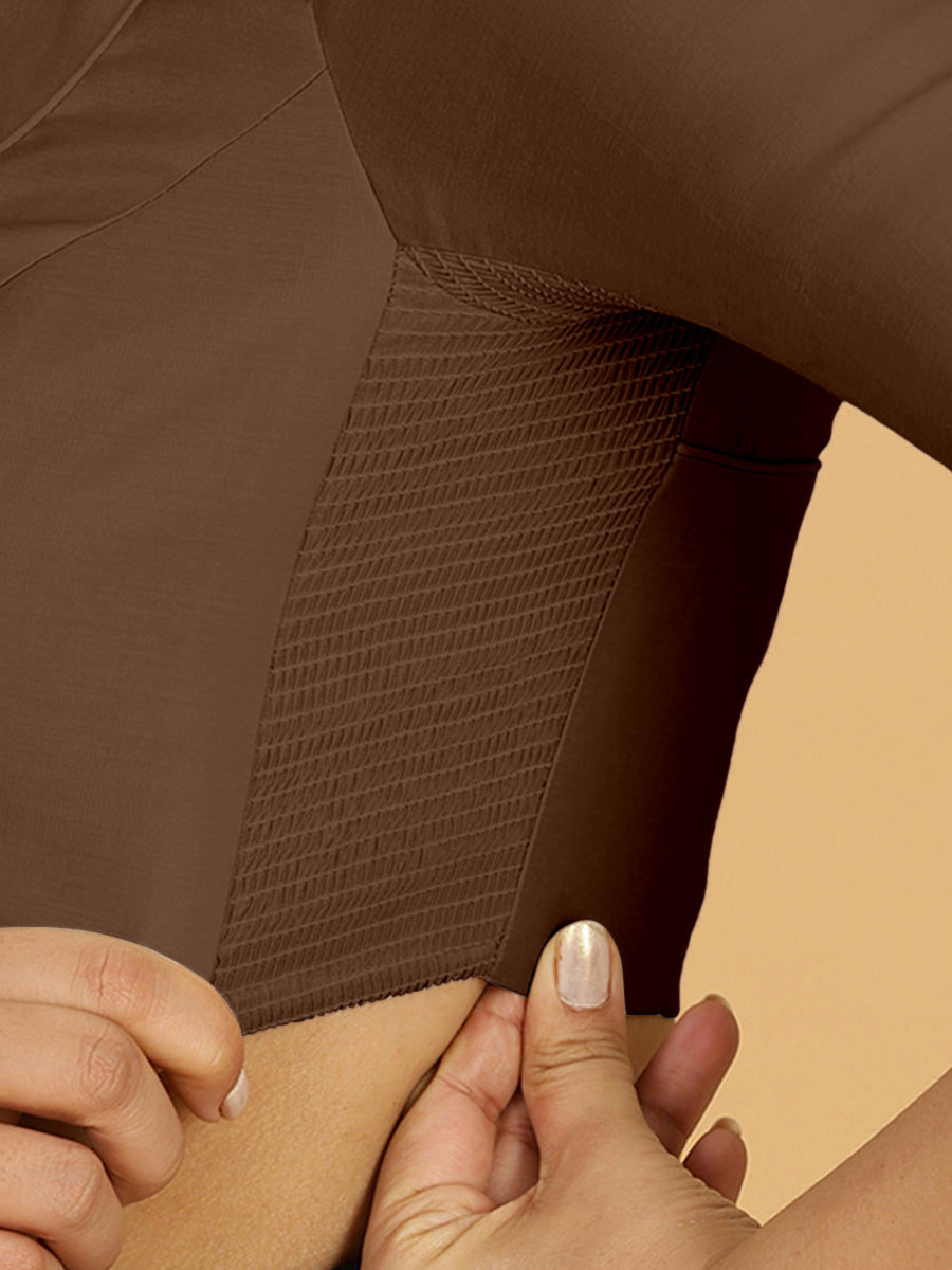 Priya x Rozaana Saree Blouse, in Brown Viscose, featuring elbow sleeves and stylised neckline, made for daily & work (view 3).