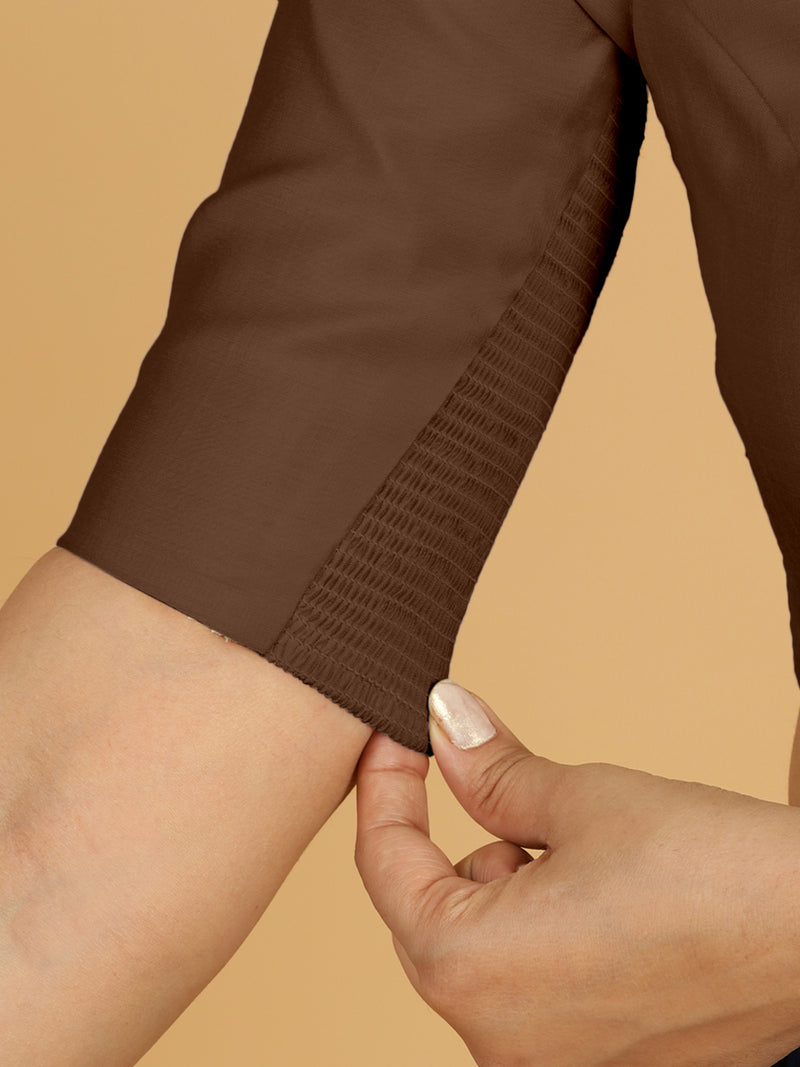 Priya x Rozaana | Elbow Sleeves Saree Blouse in Walnut Brown-Binks