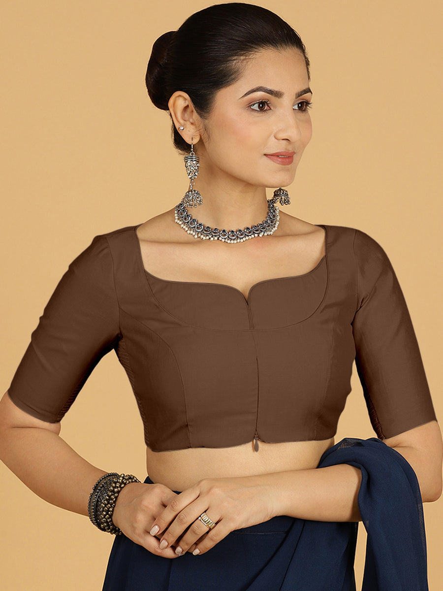 Priya x Rozaana Saree Blouse, in Brown Viscose, featuring elbow sleeves and stylised neckline, made for daily & work (view 6).