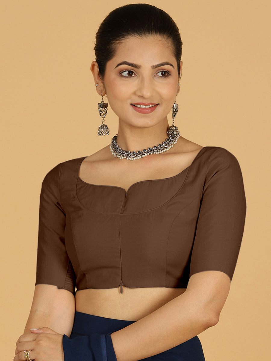 Priya x Rozaana Saree Blouse, in Brown Viscose, featuring elbow sleeves and stylised neckline, made for daily & work (view 8).