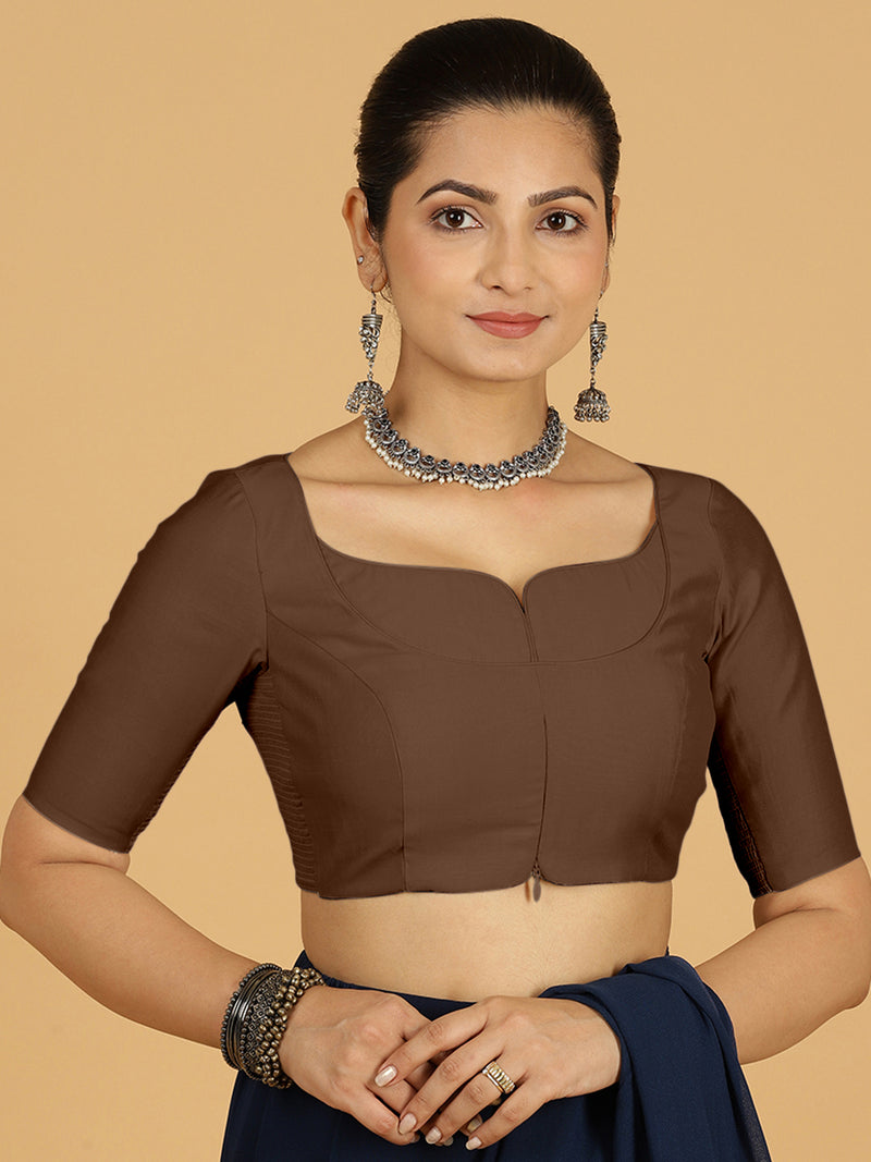 Priya x Rozaana | Elbow Sleeves Saree Blouse in Walnut Brown-Binks