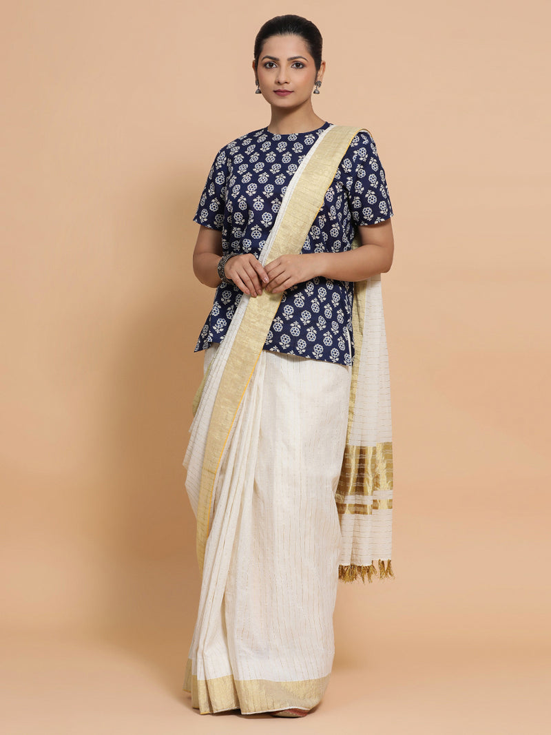 Priyanka x Rozaana | Short Sleeves Cotton Saree Blouse in Indigo Blue Flower Block Print Fabric-Binks