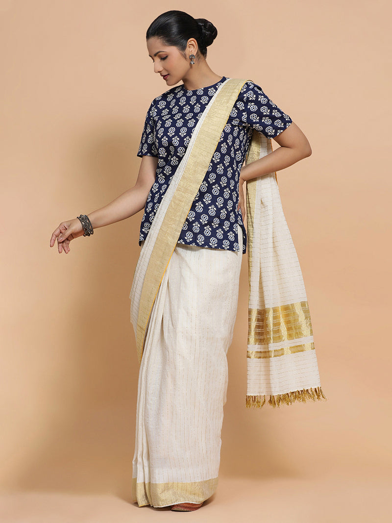 Priyanka x Rozaana | Short Sleeves Cotton Saree Blouse in Indigo Blue Flower Block Print Fabric-Binks