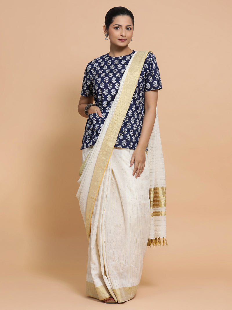 Priyanka x Rozaana | Short Sleeves Cotton Saree Blouse in Indigo Blue Flower Block Print Fabric-Binks