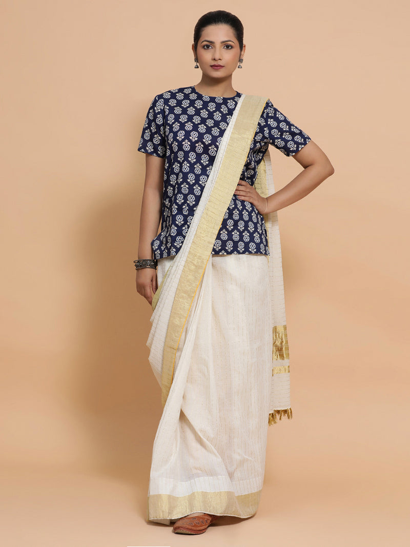 Priyanka x Rozaana | Short Sleeves Cotton Saree Blouse in Indigo Blue Flower Block Print Fabric-Binks