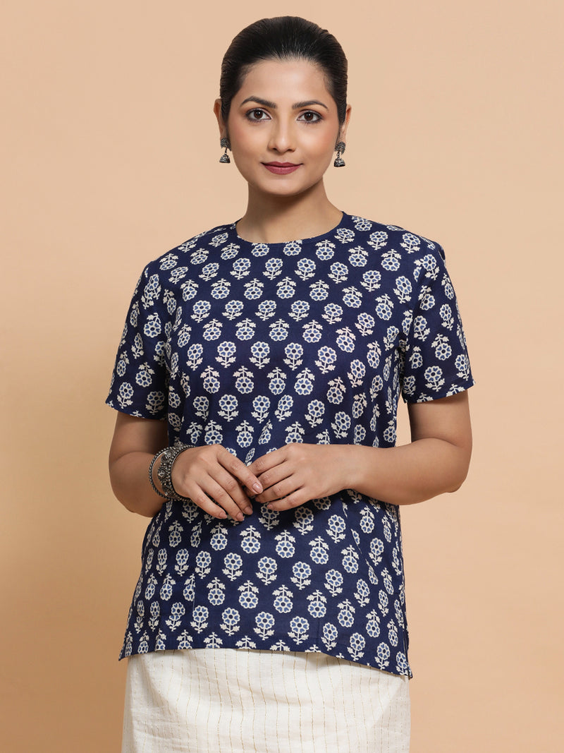 Priyanka x Rozaana | Short Sleeves Cotton Saree Blouse in Indigo Blue Flower Block Print Fabric-Binks