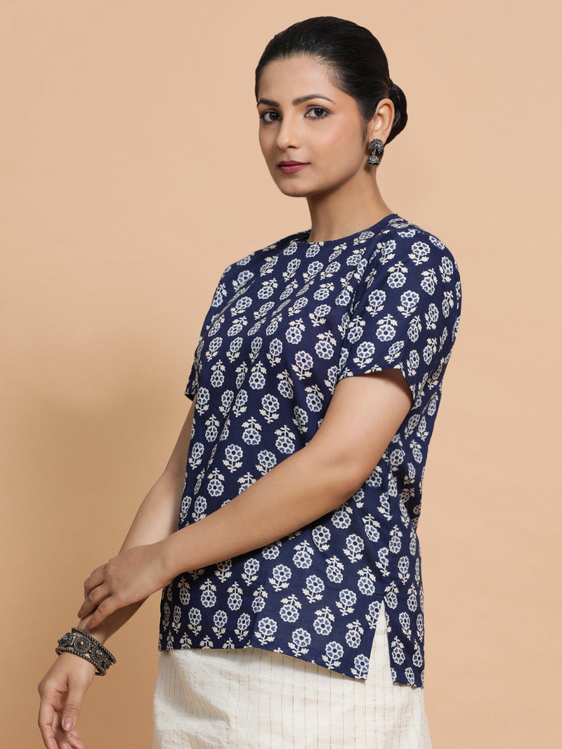 Priyanka x Rozaana | Short Sleeves Cotton Saree Blouse in Indigo Blue Flower Block Print Fabric-Binks