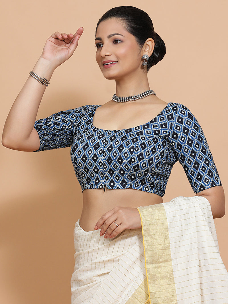 Radha x Rozaana | Elbow Sleeves Cotton Saree Blouse in Indigo Blue Geometric Block Print Fabric-Binks