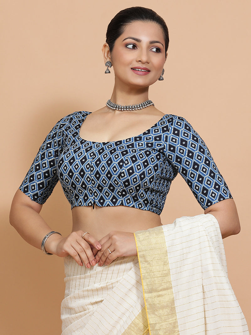Radha x Rozaana | Elbow Sleeves Cotton Saree Blouse in Indigo Blue Geometric Block Print Fabric-Binks