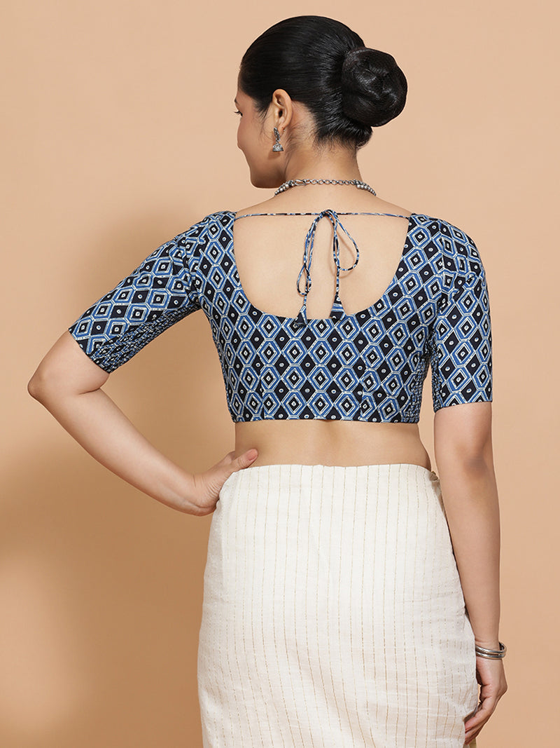 Radha x Rozaana | Elbow Sleeves Cotton Saree Blouse in Indigo Blue Geometric Block Print Fabric-Binks