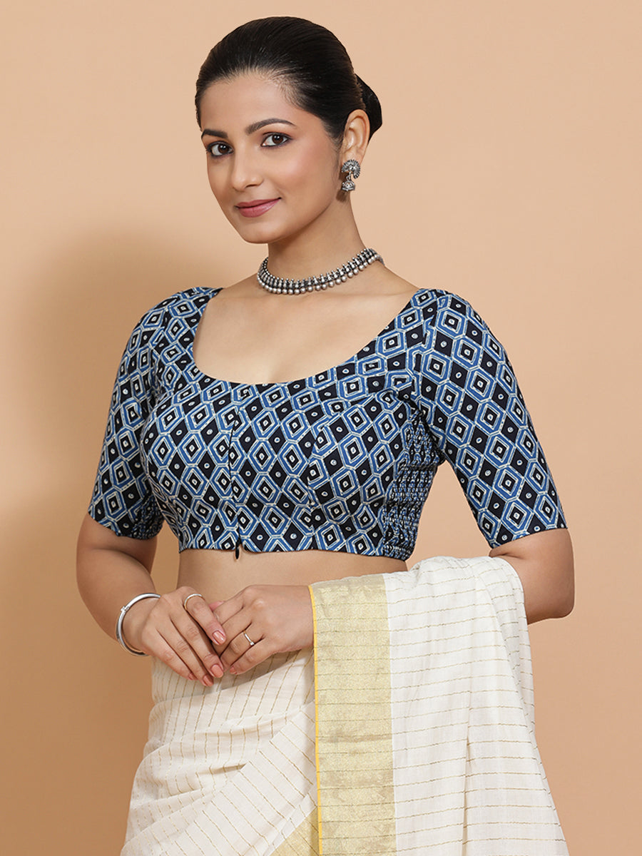 Radha x Rozaana Saree Blouse, in Blue Cotton, featuring elbow sleeves and round neckline, made for daily & work (view 6).