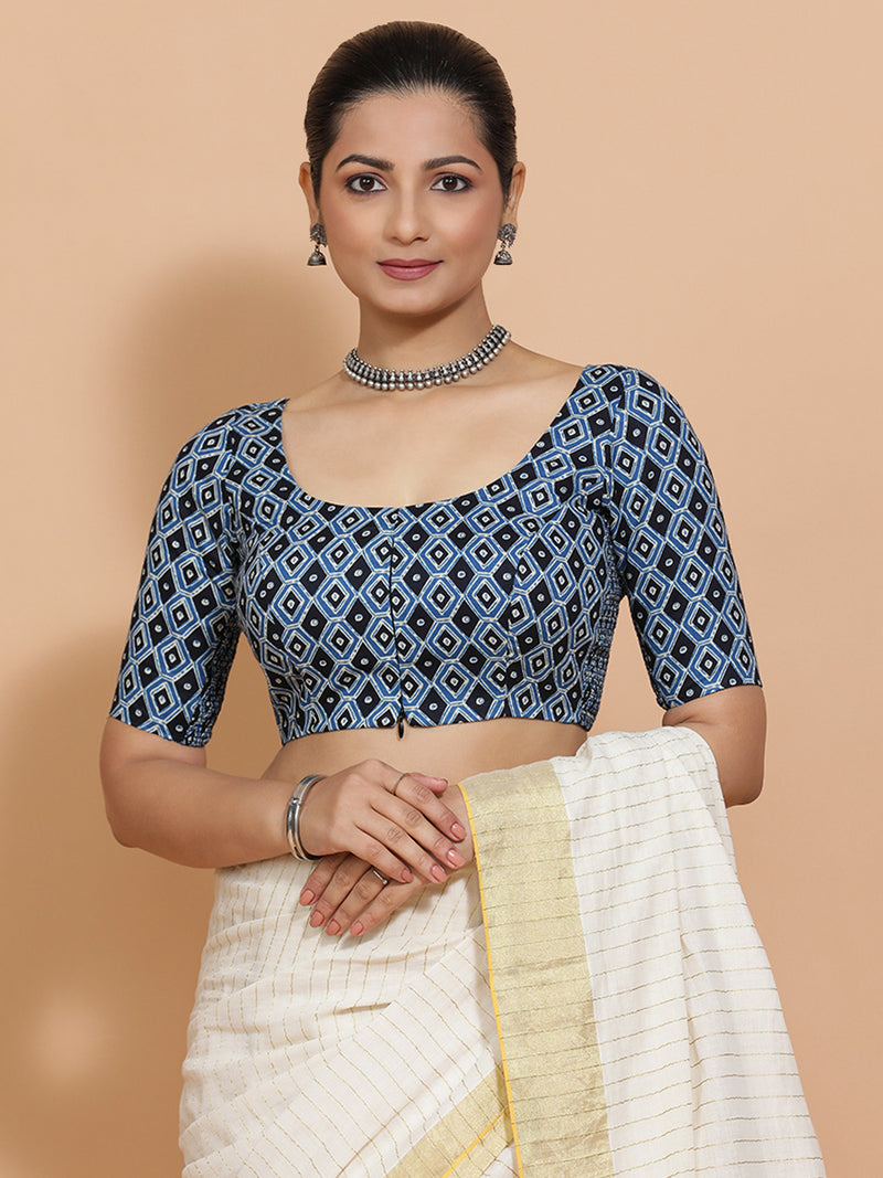 Radha x Rozaana | Elbow Sleeves Cotton Saree Blouse in Indigo Blue Geometric Block Print Fabric-Binks