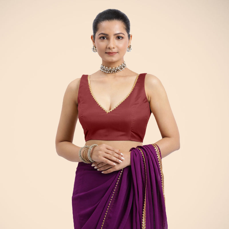 Raisa x Tyohaar | Auburn Red Sleeveless FlexiFit™ Saree Blouse with V Neckline with Golden Gota Lace Embellishment and Back Cut-out with Tie-Up-Binks