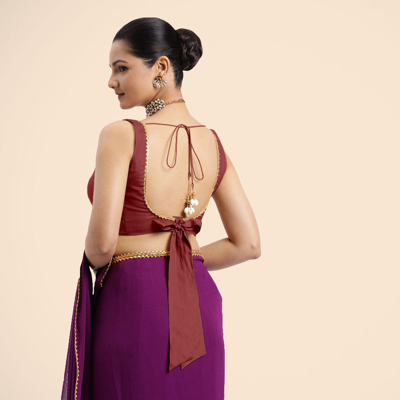 Raisa x Tyohaar | Auburn Red Sleeveless FlexiFit™ Saree Blouse with V Neckline with Golden Gota Lace Embellishment and Back Cut-out with Tie-Up-Binks