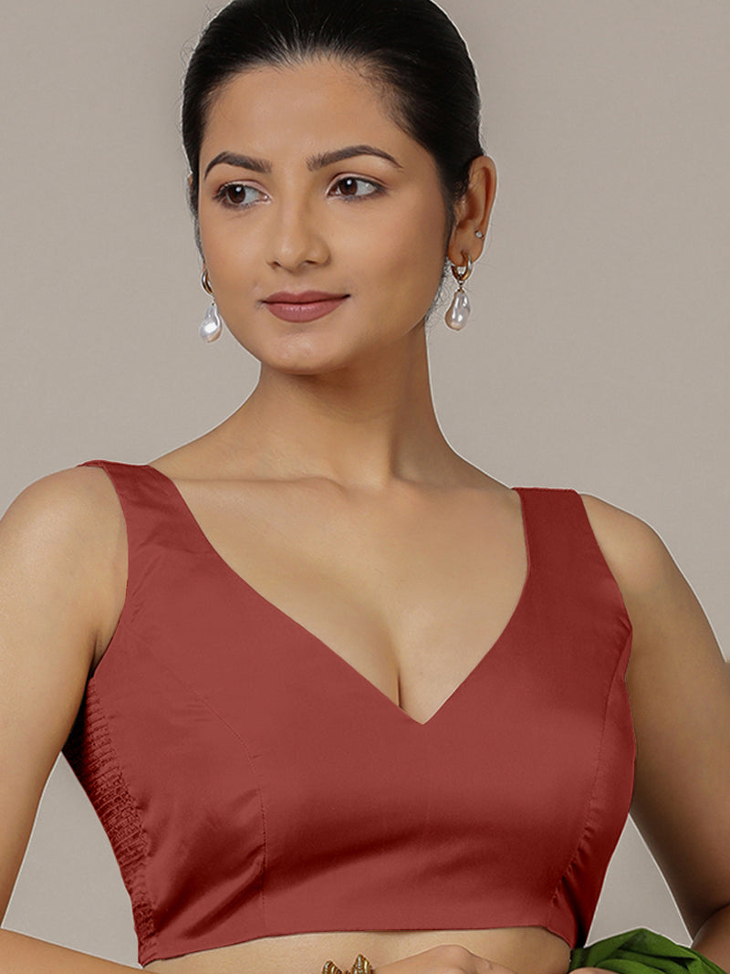 Raisa x Rozaana | Auburn Red Sleeveless FlexiFit™ Saree Blouse with Simple V Neckline and Back Cut-out with Tie-Up-Binks